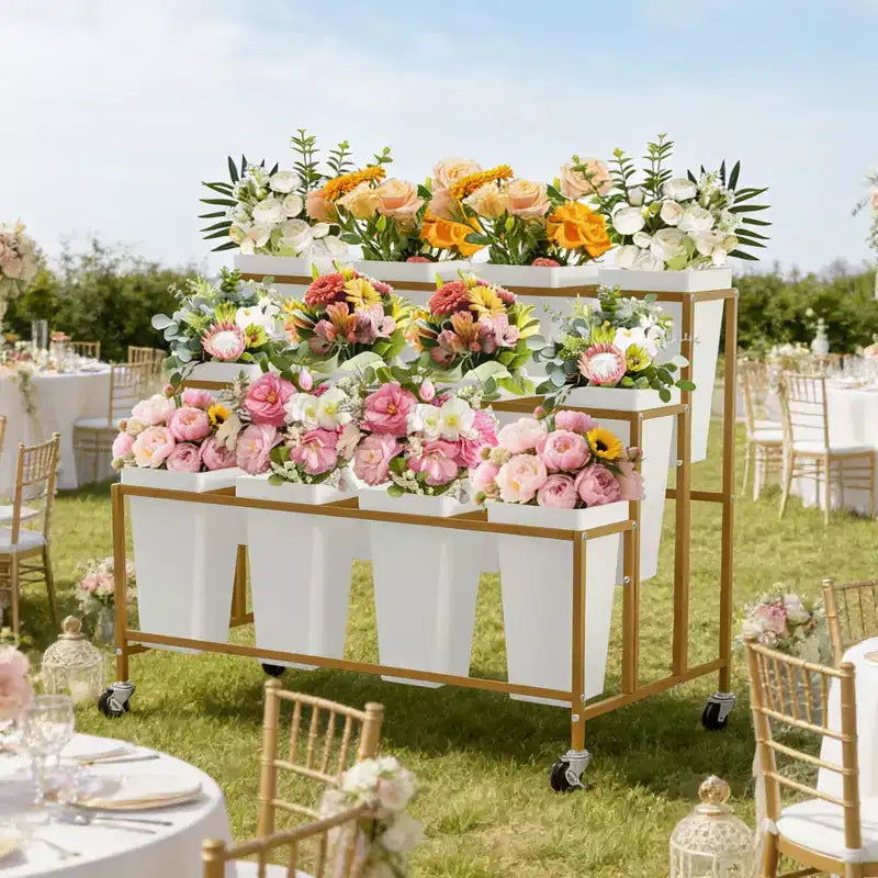 Présentoir à fleurs, charrette à fleurs à 3 niveaux avec 12 seaux ronds et roues, présentoir mobile pour jardin, mariage, magasin de fleurs