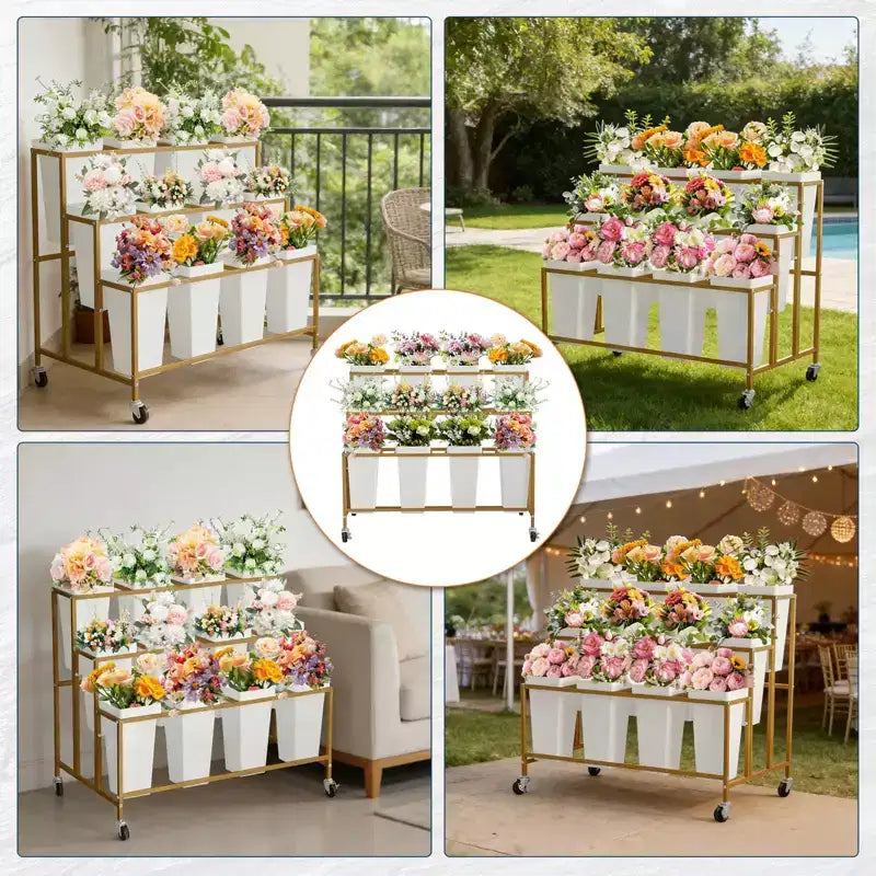 Présentoir à fleurs, charrette à fleurs à 3 niveaux avec 12 seaux ronds et roues, présentoir mobile pour jardin, mariage, magasin de fleurs