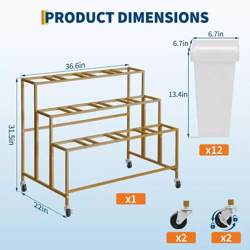 Présentoir à fleurs, charrette à fleurs à 3 niveaux avec 12 seaux ronds et roues, présentoir mobile pour jardin, mariage, magasin de fleurs