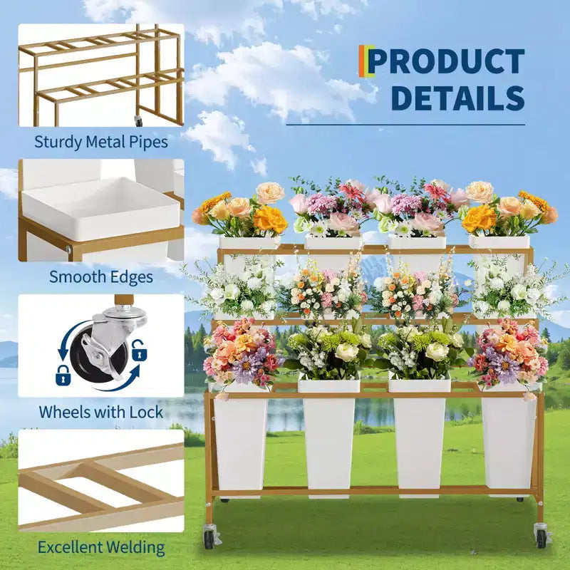 Présentoir à fleurs, charrette à fleurs à 3 niveaux avec 12 seaux ronds et roues, présentoir mobile pour jardin, mariage, magasin de fleurs