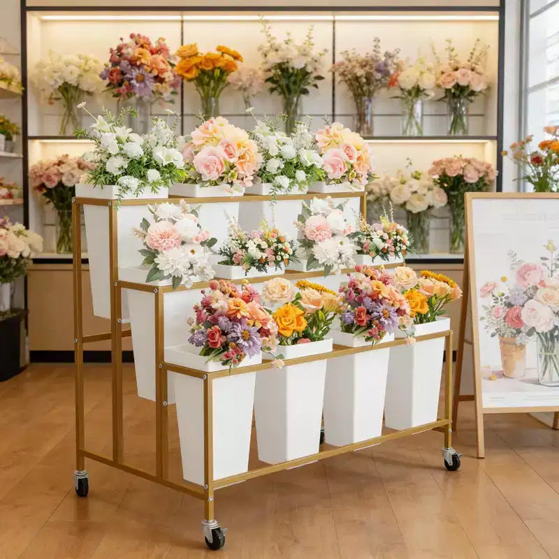 Présentoir à fleurs, charrette à fleurs à 3 niveaux avec 12 seaux ronds et roues, présentoir mobile pour jardin, mariage, magasin de fleurs
