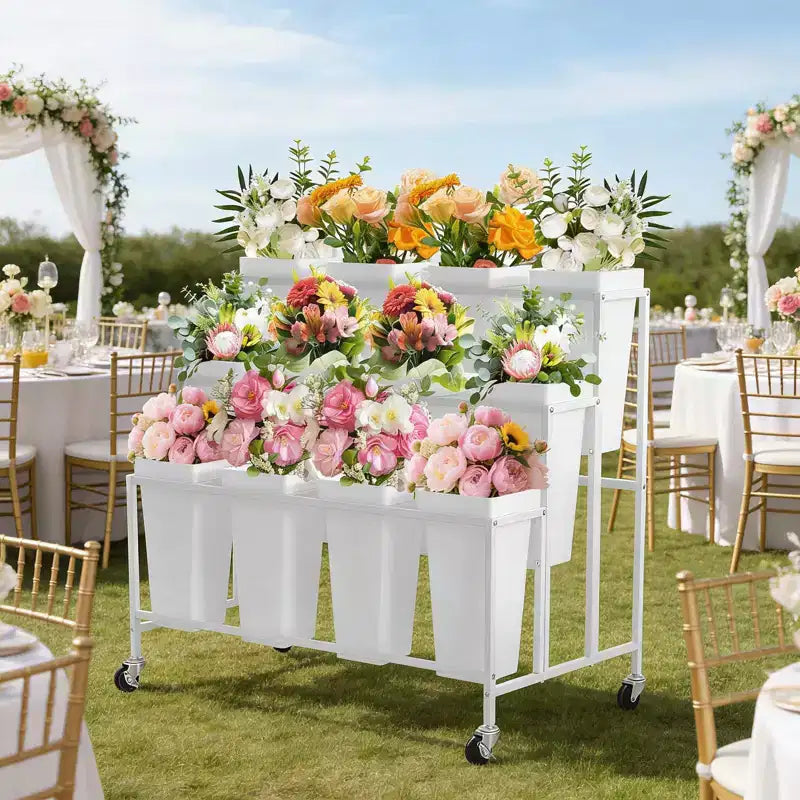 Présentoir à fleurs, charrette à fleurs à 3 niveaux avec 12 seaux ronds et roues, présentoir mobile pour jardin, mariage, magasin de fleurs