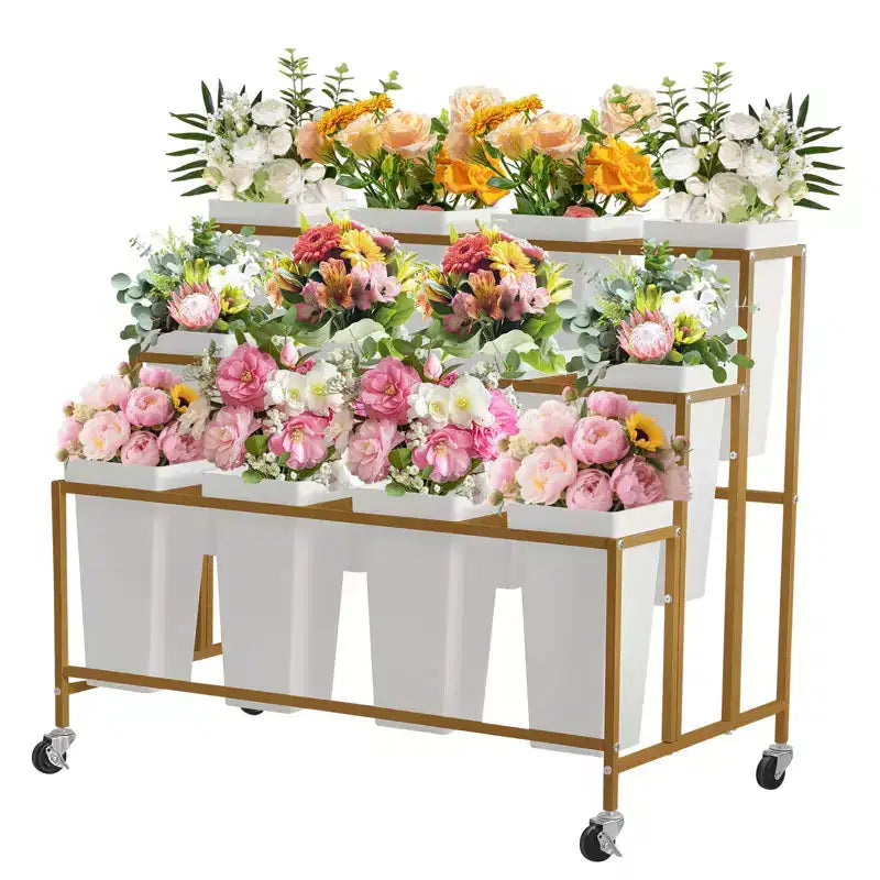 Flower Display Stand,3 Tier Flower Cart with 12 Round Buckets and Wheels, Moving Flower Cart Display Stand for Garden, Wedding, Flower Shop
