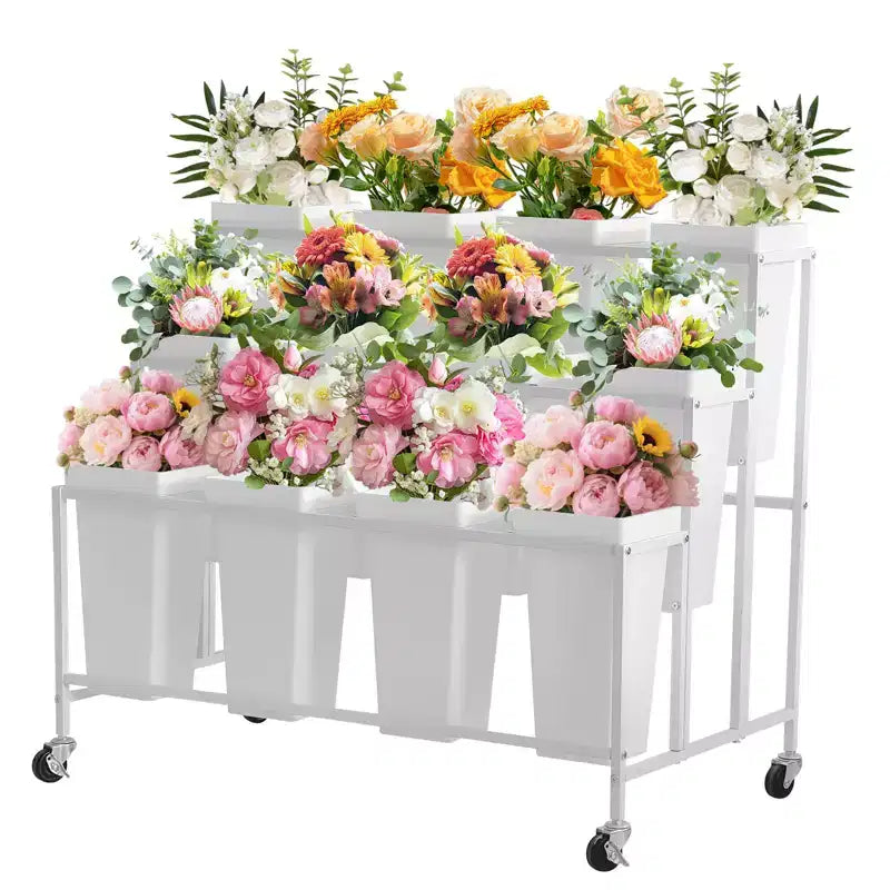 Présentoir à fleurs, charrette à fleurs à 3 niveaux avec 12 seaux ronds et roues, présentoir mobile pour jardin, mariage, magasin de fleurs
