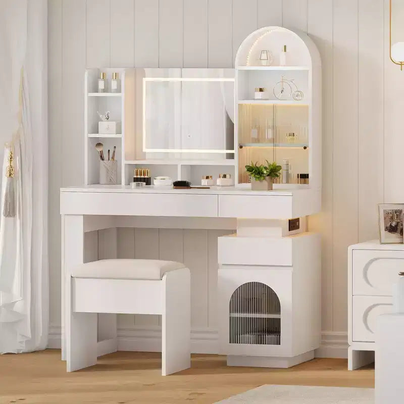 Arched Vanity Desk with Mirror and Lights, White Makeup Vanity Table with 3 Drawers and 11 Storage Shelves, Large Dressing Table with Vanity Stool