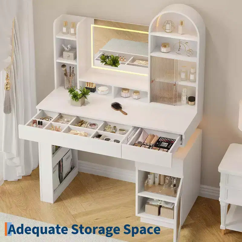 Coiffeuse arquée avec miroir et lumières, table de maquillage blanche avec 3 tiroirs et 11 étagères de rangement, grande coiffeuse avec tabouret