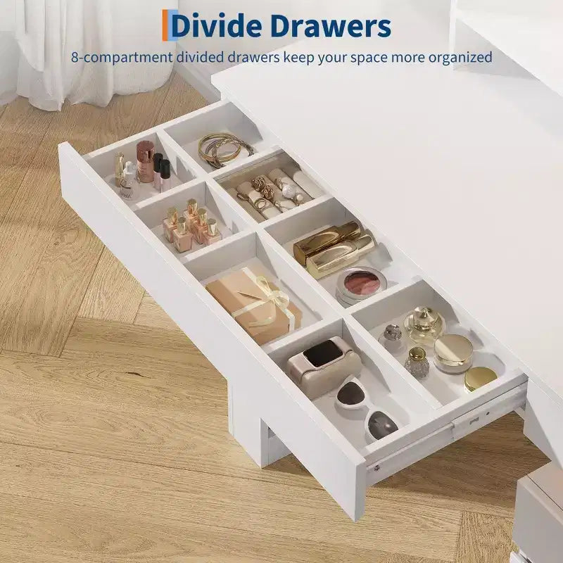 Coiffeuse arquée avec miroir et lumières, table de maquillage blanche avec 3 tiroirs et 11 étagères de rangement, grande coiffeuse avec tabouret