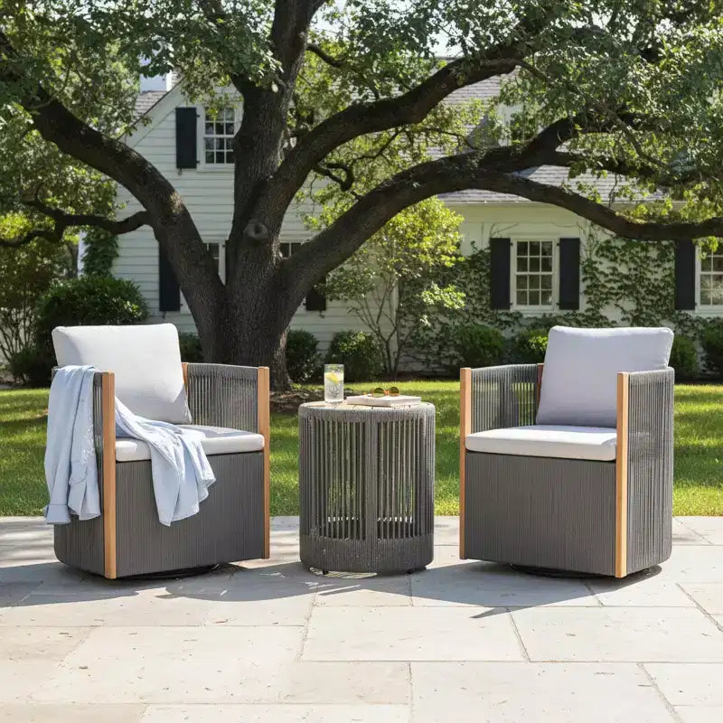 Christopher Knight Home Mason Ensemble de conversation moderne bohème 3 pièces avec chaises pivotantes en bois d'acacia et corde et table d'appoint ronde