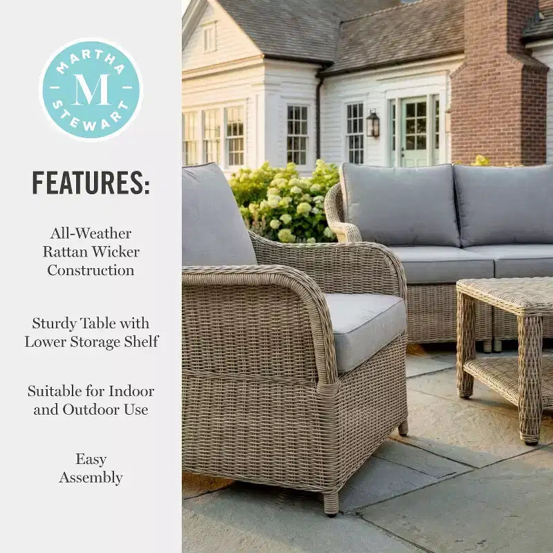 Causeuse, 2 chaises et table basse de patio en osier de rotin tout-temps Martha Stewart - Gris patiné