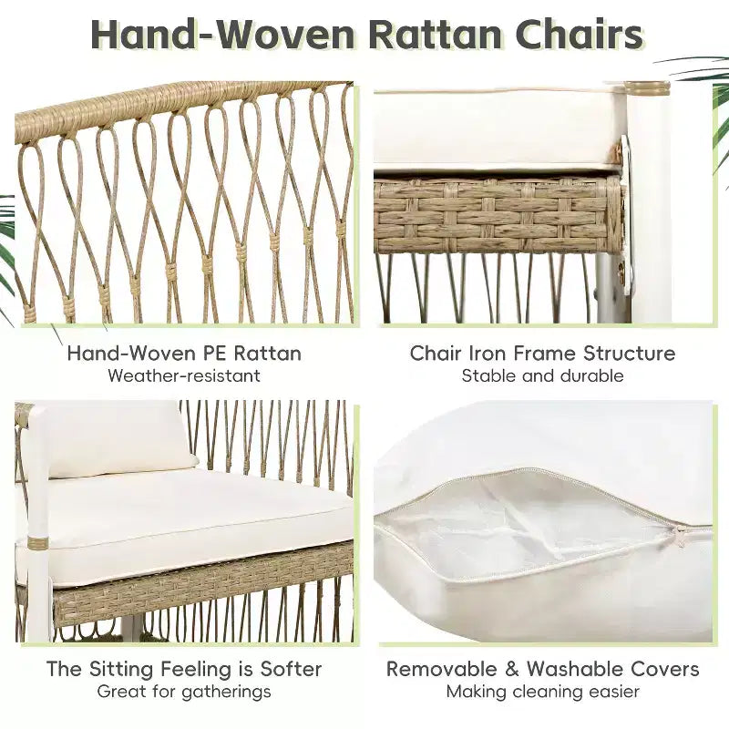 Ensemble de salle à manger d'extérieur 5/7 pièces, salon de jardin avec 4/6 fauteuils en rotin et table en bois d'acacia résistant aux intempéries, Naturel - ModernLuxe