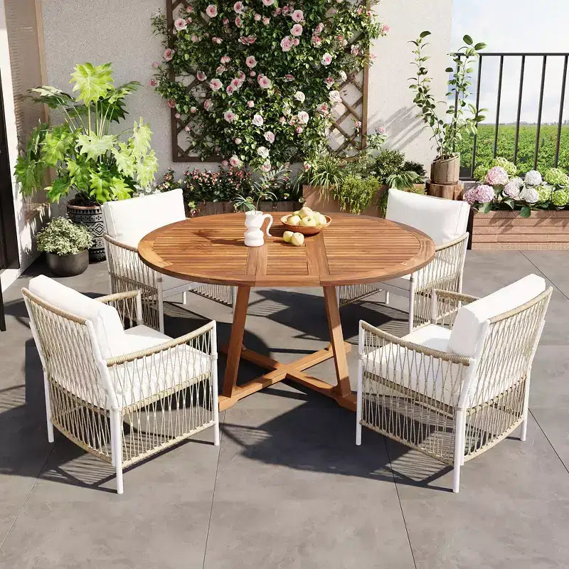 Ensemble de salle à manger d'extérieur 5/7 pièces, salon de jardin avec 4/6 fauteuils en rotin et table en bois d'acacia résistant aux intempéries, Naturel - ModernLuxe