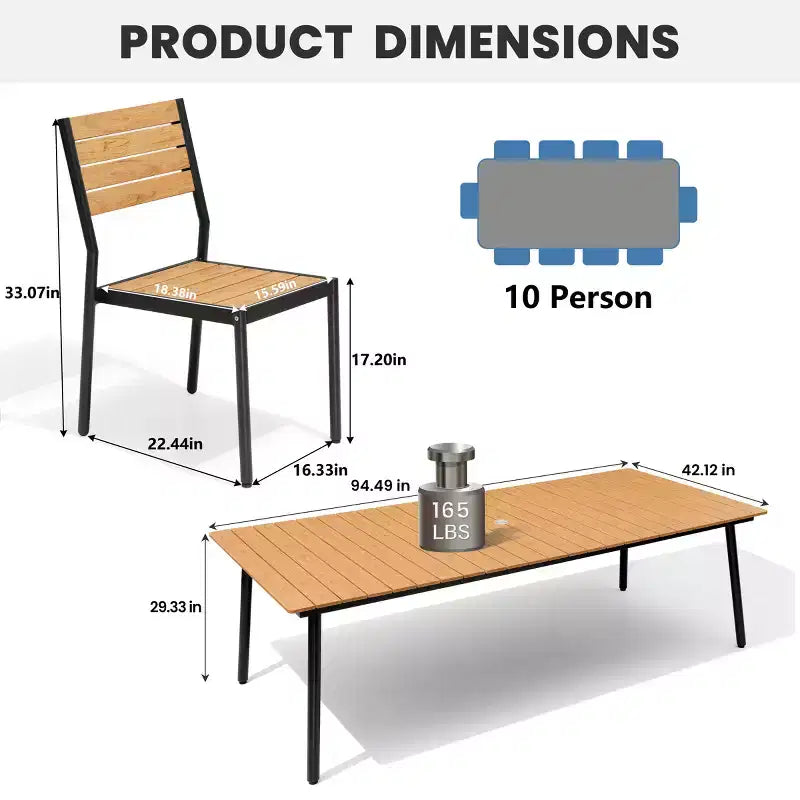 Crestlive Products Ensemble repas de jardin 11 pièces pour grandes tablées, structure en aluminium, chaises empilables, table aspect bois, trou pour parasol