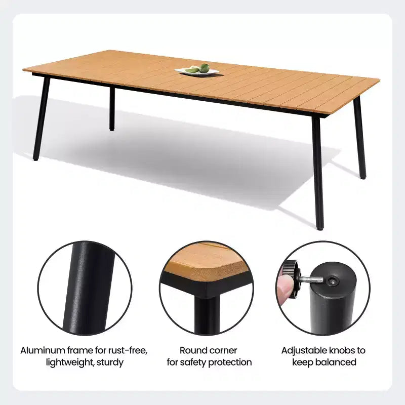 Crestlive Products Ensemble repas de jardin 11 pièces pour grandes tablées, structure en aluminium, chaises empilables, table aspect bois, trou pour parasol