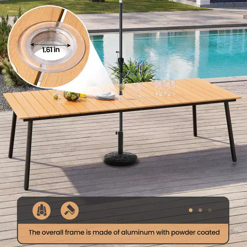 Crestlive Products Ensemble repas de jardin 11 pièces pour grandes tablées, structure en aluminium, chaises empilables, table aspect bois, trou pour parasol