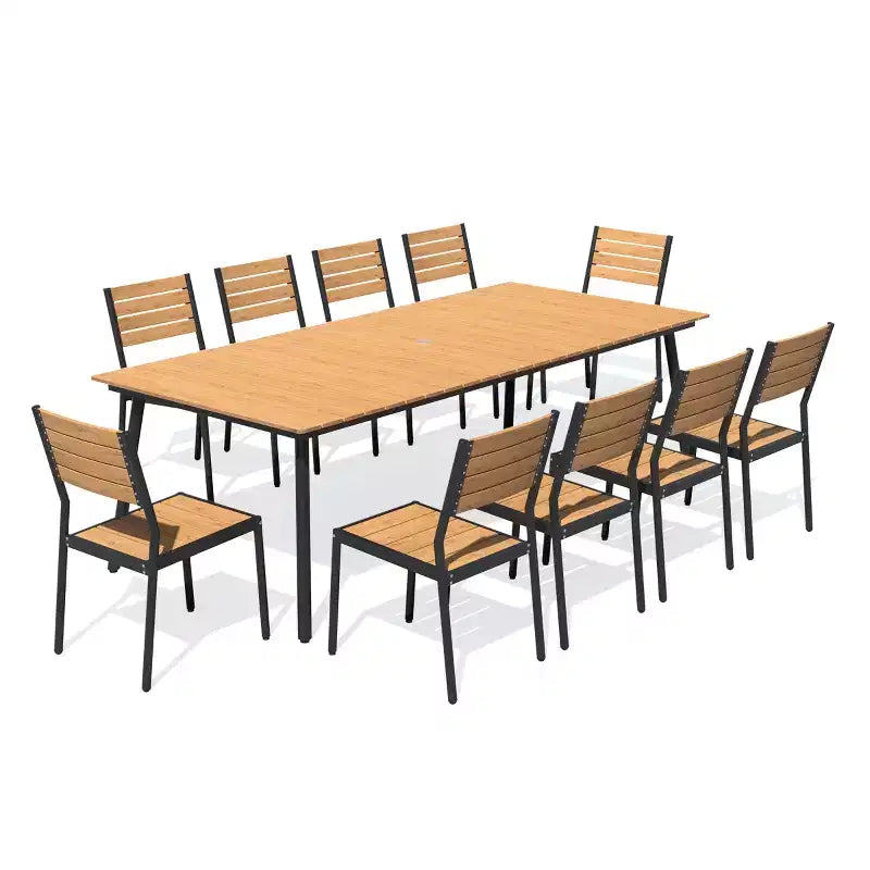 Crestlive Products Ensemble repas de jardin 11 pièces pour grandes tablées, structure en aluminium, chaises empilables, table aspect bois, trou pour parasol