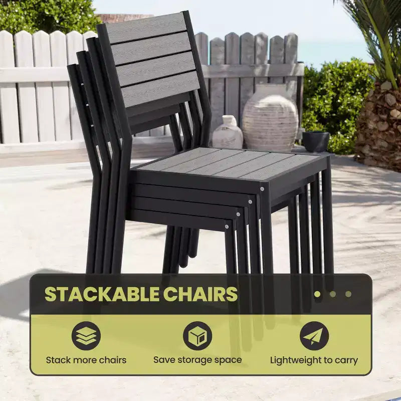 Crestlive Products Ensemble repas de jardin 11 pièces pour grandes tablées, structure en aluminium, chaises empilables, table aspect bois, trou pour parasol