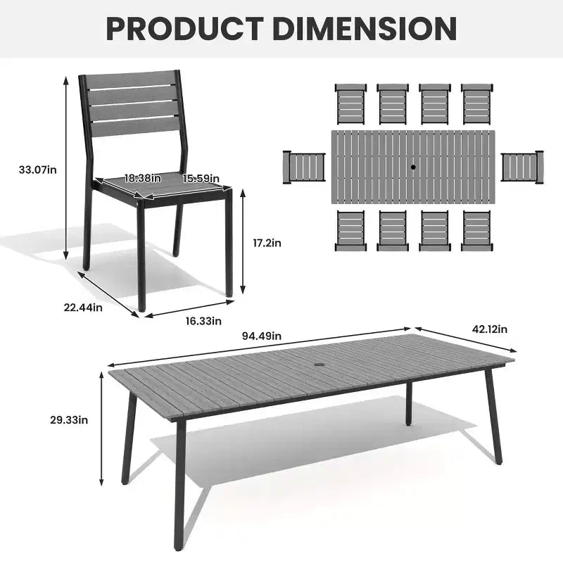 Crestlive Products Ensemble repas de jardin 11 pièces pour grandes tablées, structure en aluminium, chaises empilables, table aspect bois, trou pour parasol