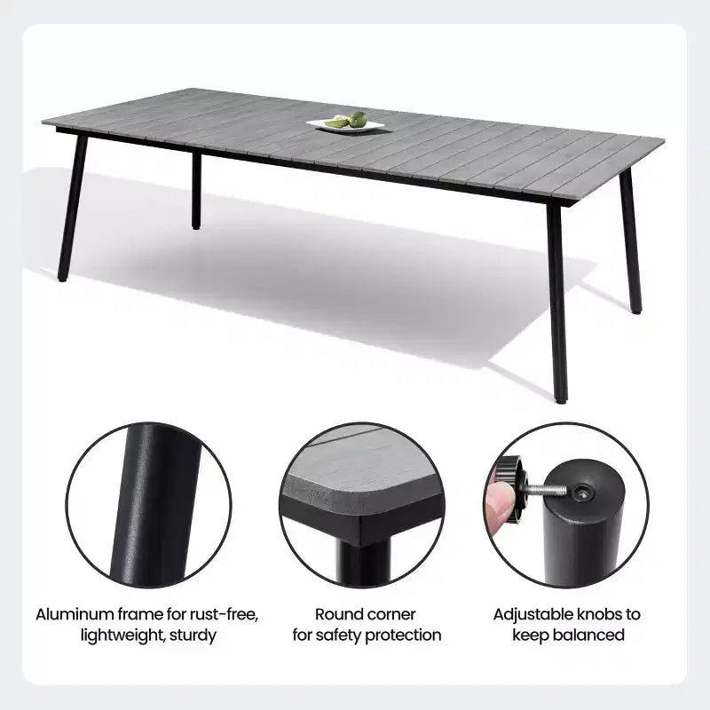 Crestlive Products Ensemble repas de jardin 11 pièces pour grandes tablées, structure en aluminium, chaises empilables, table aspect bois, trou pour parasol