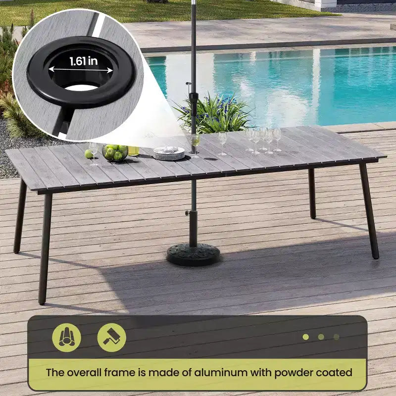 Crestlive Products Ensemble repas de jardin 11 pièces pour grandes tablées, structure en aluminium, chaises empilables, table aspect bois, trou pour parasol