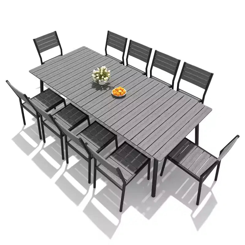Crestlive Products Ensemble repas de jardin 11 pièces pour grandes tablées, structure en aluminium, chaises empilables, table aspect bois, trou pour parasol