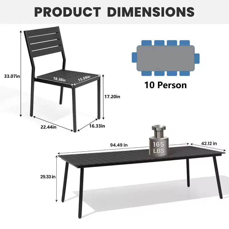 Crestlive Products Ensemble repas de jardin 11 pièces pour grandes tablées, structure en aluminium, chaises empilables, table aspect bois, trou pour parasol