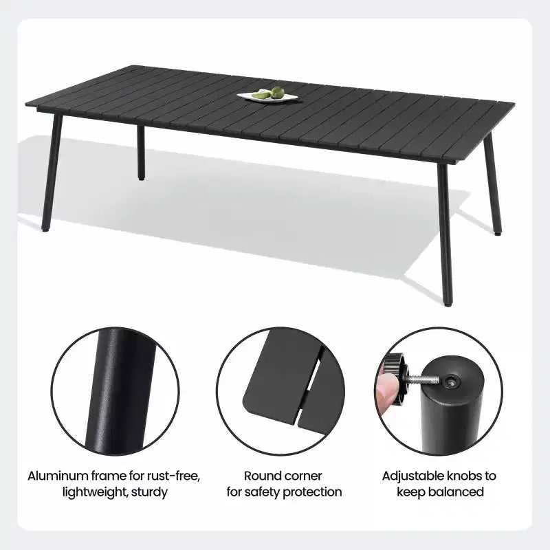 Crestlive Products Ensemble repas de jardin 11 pièces pour grandes tablées, structure en aluminium, chaises empilables, table aspect bois, trou pour parasol