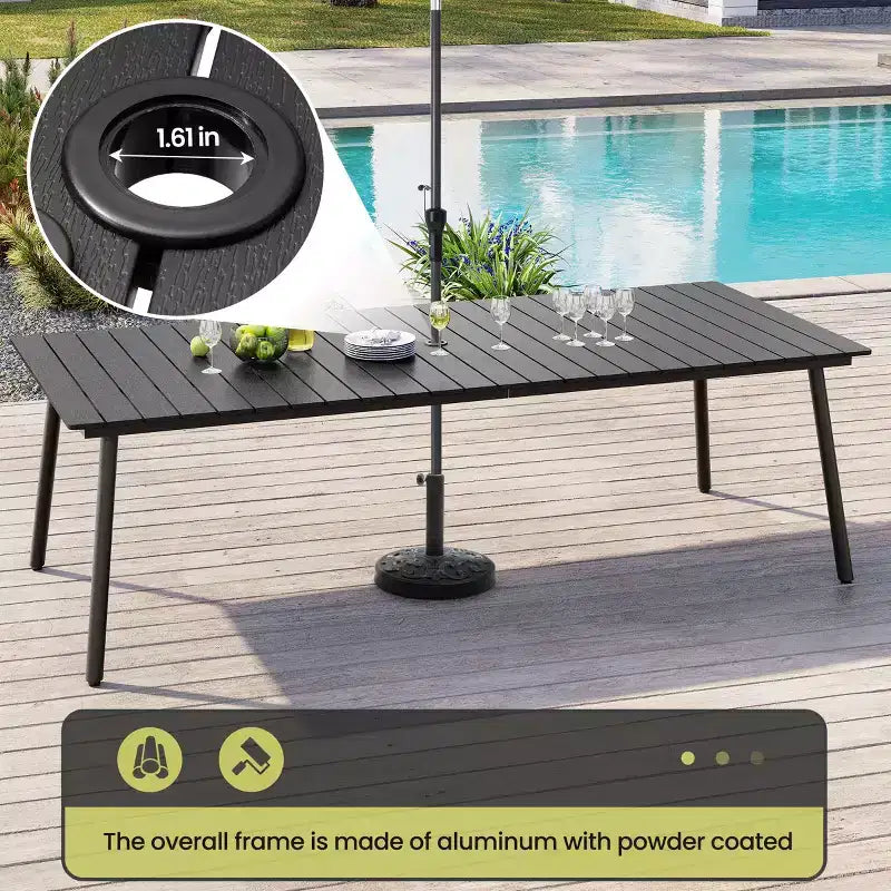 Crestlive Products Ensemble repas de jardin 11 pièces pour grandes tablées, structure en aluminium, chaises empilables, table aspect bois, trou pour parasol