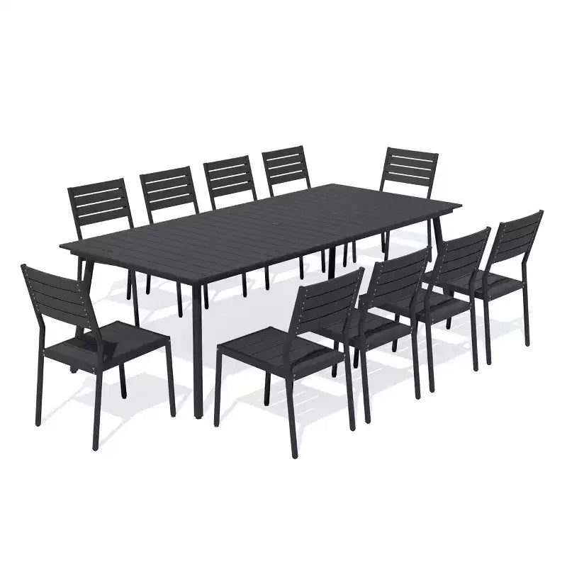 Crestlive Products Ensemble repas de jardin 11 pièces pour grandes tablées, structure en aluminium, chaises empilables, table aspect bois, trou pour parasol