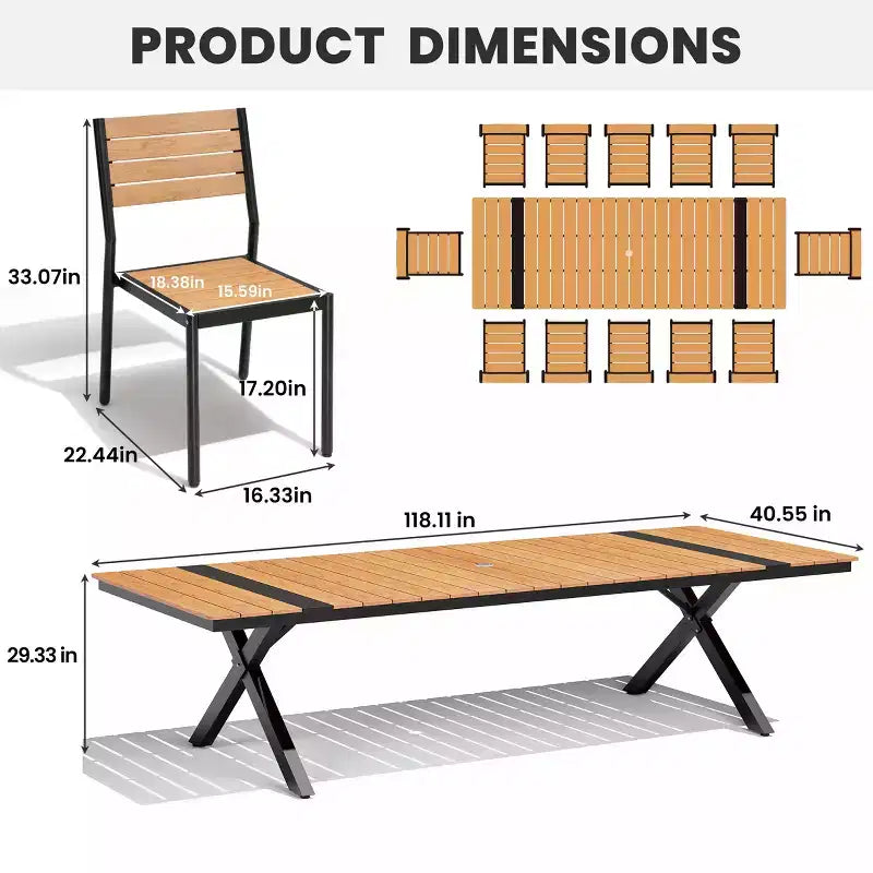 Ensemble de salle à manger d'extérieur 13 pièces extra-large, pieds en croix, chaises empilables, table aspect bois avec trou pour parasol