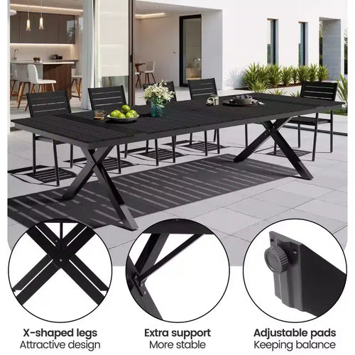 Ensemble de salle à manger d'extérieur 13 pièces extra-large, pieds en croix, chaises empilables, table aspect bois avec trou pour parasol