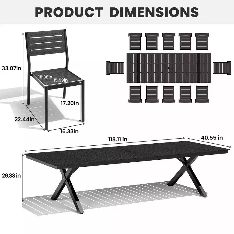 Ensemble de salle à manger d'extérieur 13 pièces extra-large, pieds en croix, chaises empilables, table aspect bois avec trou pour parasol