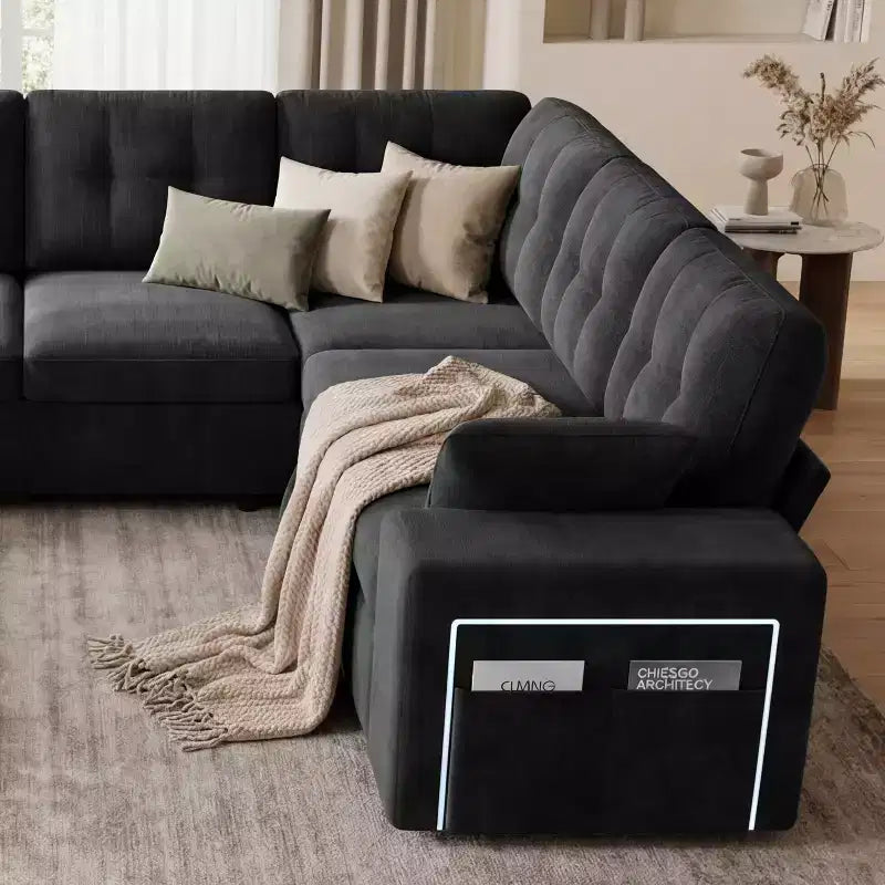 Canapé Dyonery 112" moderne 8 places, dossier réglable, accoudoir supérieur de rangement réglable, lit gigogne, petite table pivotante, boîte de rangement, chenille