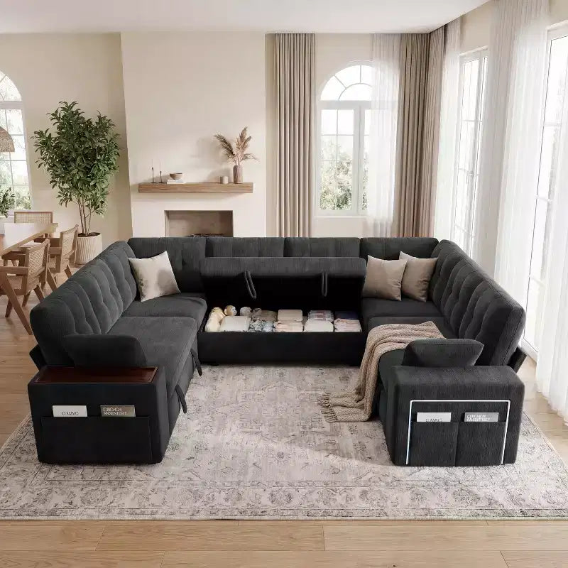 Canapé Dyonery 112" moderne 8 places, dossier réglable, accoudoir supérieur de rangement réglable, lit gigogne, petite table pivotante, boîte de rangement, chenille