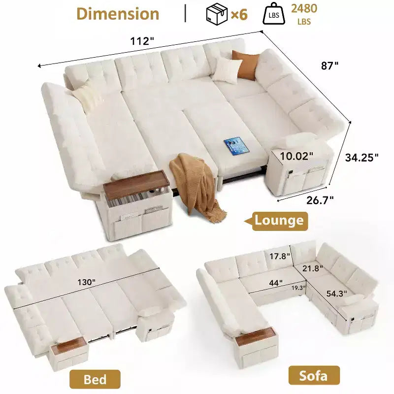 Canapé Dyonery 112" moderne 8 places, dossier réglable, accoudoir supérieur de rangement réglable, lit gigogne, petite table pivotante, boîte de rangement, chenille