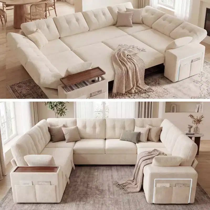 Canapé Dyonery 112" moderne 8 places, dossier réglable, accoudoir supérieur de rangement réglable, lit gigogne, petite table pivotante, boîte de rangement, chenille