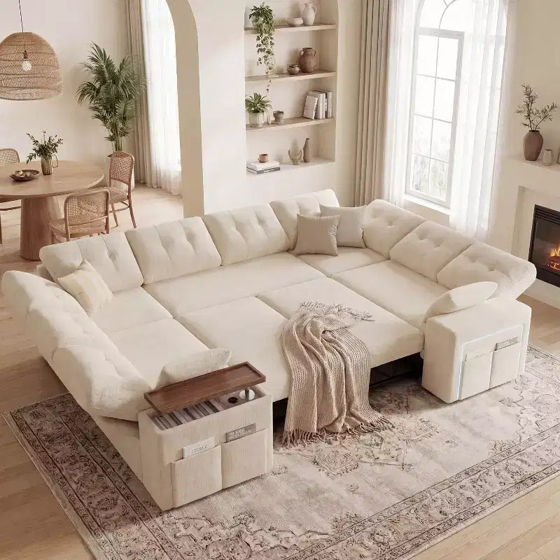 Dyonery 112 '' Modern 8-seater sofa, adjustable backrest, adjustable top storage armrest, pull-out bed, rotatable small table, storage box,chenille