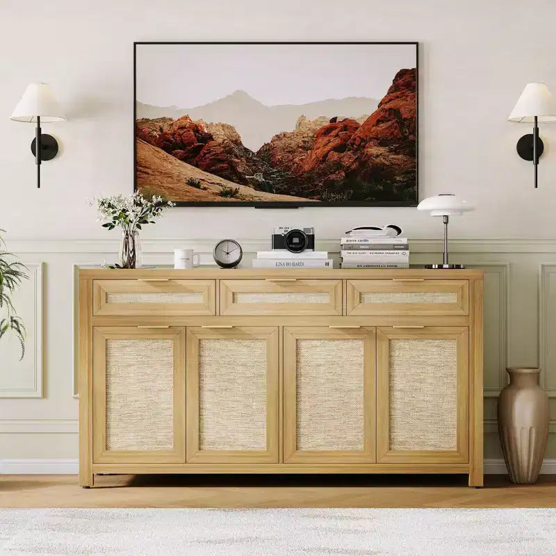 Bahut de ferme profond de 160 cm avec panneaux en rotin, 3 tiroirs, 4 portes, étagères réglables - Organisateur pour salle à manger, cuisine, entrée