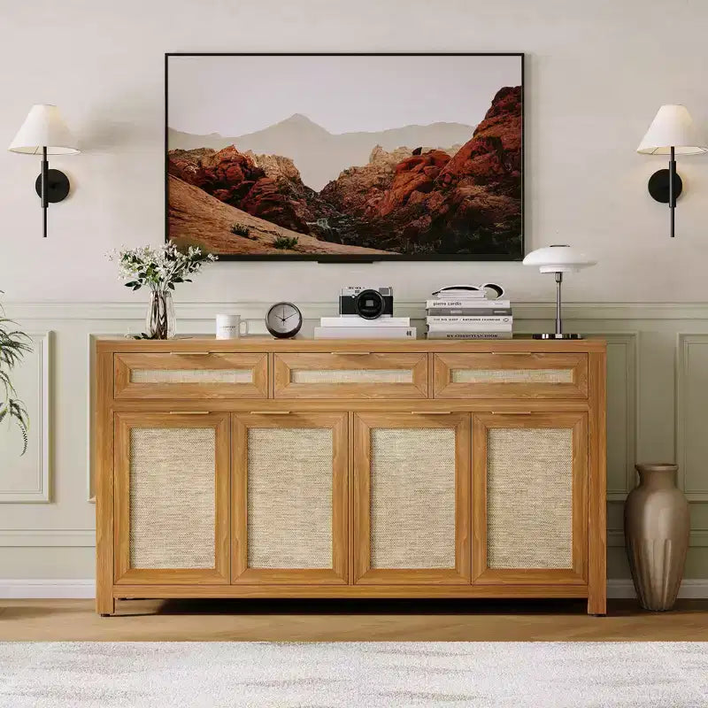 Bahut de ferme profond de 160 cm avec panneaux en rotin, 3 tiroirs, 4 portes, étagères réglables - Organisateur pour salle à manger, cuisine, entrée