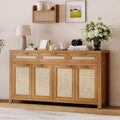 63in Deep Farmhouse Buffet Sideboard Cabinet with Rattan Panels, 3 Drawers, 4 Doors, Adjustable Shelves - Dining Room, Kitchen, Entryway Organizer