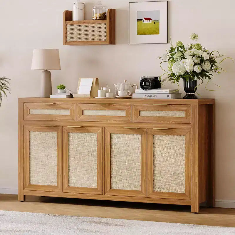 63in Deep Farmhouse Buffet Sideboard Cabinet with Rattan Panels, 3 Drawers, 4 Doors, Adjustable Shelves - Dining Room, Kitchen, Entryway Organizer