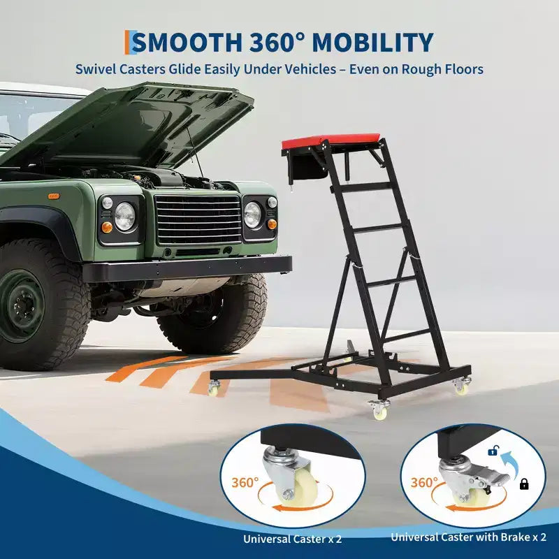 Siège à roulettes robuste pour camions et VUS Hauteur réglable, capacité de 180 kg, plateau rembourré, roulettes pivotantes avec frein, pochette à outils Plusieurs couleurs
