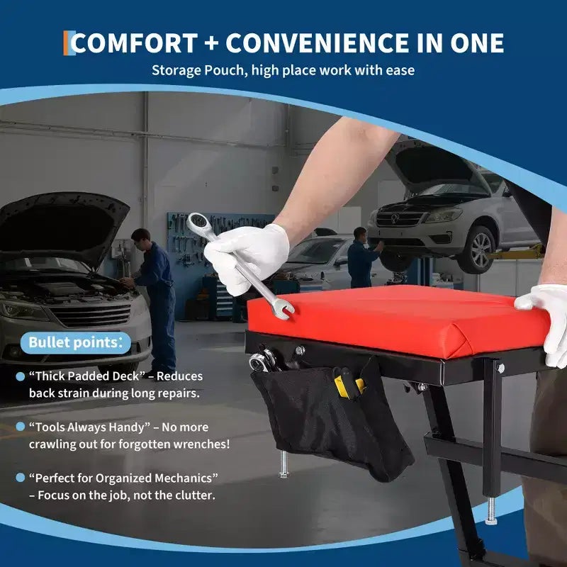 Siège à roulettes robuste pour camions et VUS Hauteur réglable, capacité de 180 kg, plateau rembourré, roulettes pivotantes avec frein, pochette à outils Plusieurs couleurs