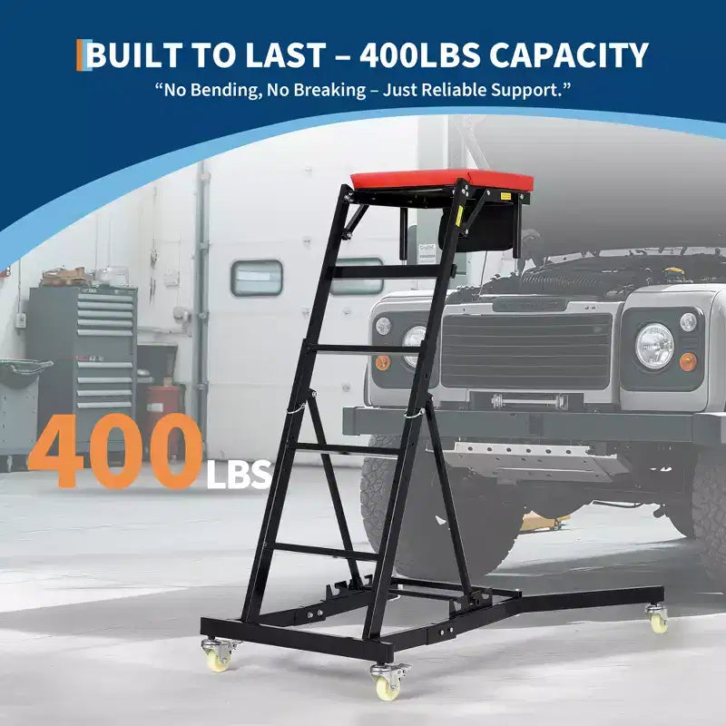 Siège à roulettes robuste pour camions et VUS Hauteur réglable, capacité de 180 kg, plateau rembourré, roulettes pivotantes avec frein, pochette à outils Plusieurs couleurs