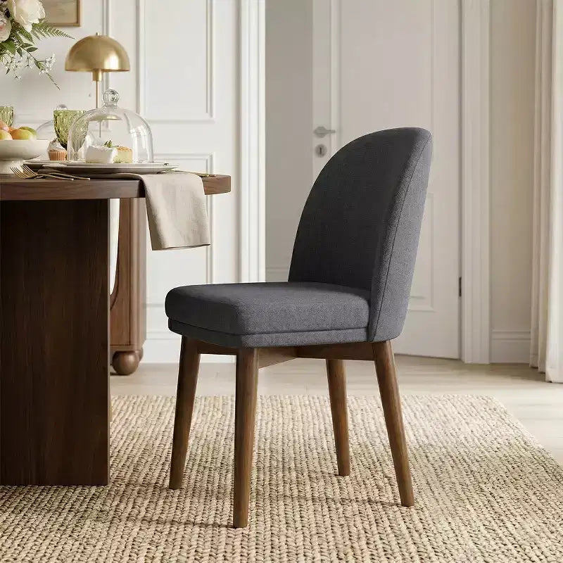 Ensemble table à manger ronde de style milieu de siècle pour 4 personnes, plateau en placage de noyer avec piètement en bois massif à pieds croisés et chaises en lin avec pieds en bois massif - Panipeachy