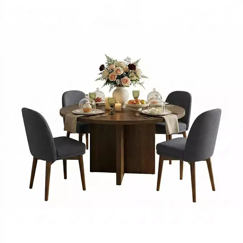 Ensemble table à manger ronde de style milieu de siècle pour 4 personnes, plateau en placage de noyer avec piètement en bois massif à pieds croisés et chaises en lin avec pieds en bois massif - Panipeachy