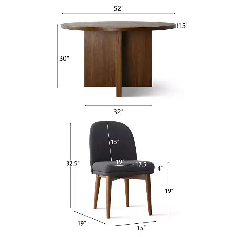 Ensemble table à manger ronde de style milieu de siècle pour 4 personnes, plateau en placage de noyer avec piètement en bois massif à pieds croisés et chaises en lin avec pieds en bois massif - Panipeachy