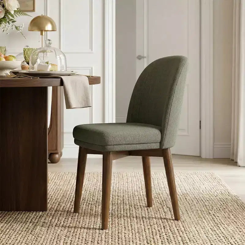 Ensemble table à manger ronde de style milieu de siècle pour 4 personnes, plateau en placage de noyer avec piètement en bois massif à pieds croisés et chaises en lin avec pieds en bois massif - Panipeachy