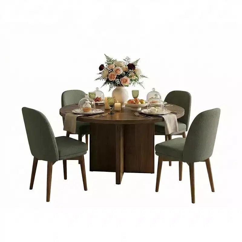 Ensemble table à manger ronde de style milieu de siècle pour 4 personnes, plateau en placage de noyer avec piètement en bois massif à pieds croisés et chaises en lin avec pieds en bois massif - Panipeachy