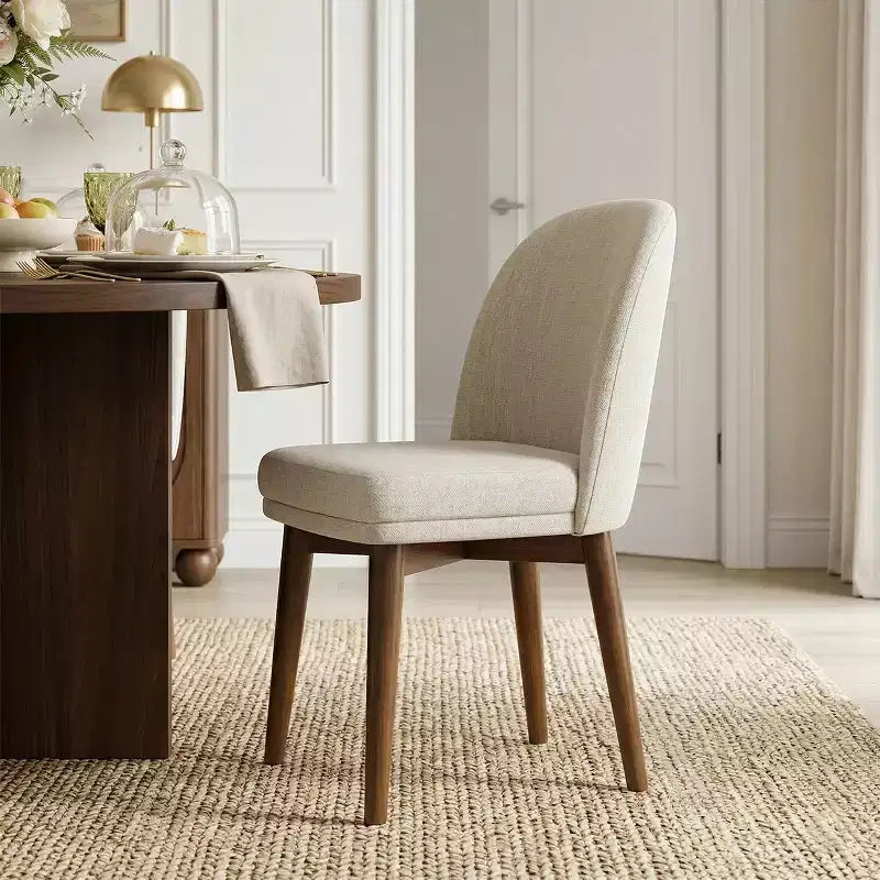 Ensemble table à manger ronde de style milieu de siècle pour 4 personnes, plateau en placage de noyer avec piètement en bois massif à pieds croisés et chaises en lin avec pieds en bois massif - Panipeachy