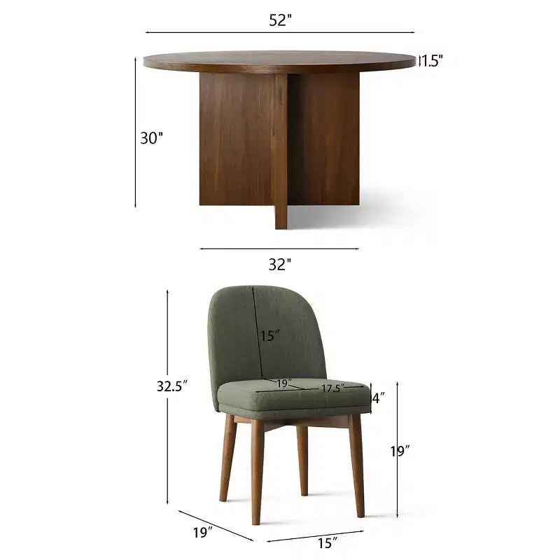 Ensemble table à manger ronde de style milieu de siècle pour 4 personnes, plateau en placage de noyer avec piètement en bois massif à pieds croisés et chaises en lin avec pieds en bois massif - Panipeachy